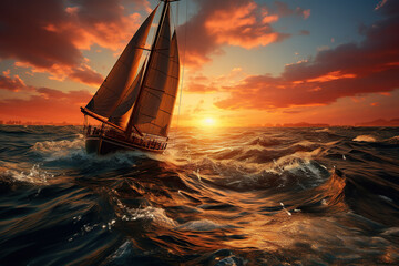 Beautiful one sailboat sailing om sunset, Racing sail boat, ships race  in the ocean waves, Travel and tourism at sea, AI Generative.