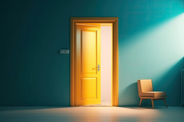 Slightly open yellow door in empty blue room with chair, created with Generative AI. - obrazy, fototapety, plakaty
