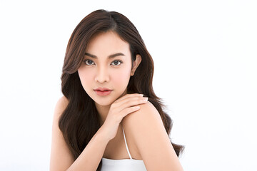 Naklejka premium Beautiful young asian woman with clean fresh skin on white background, Face care, Facial treatment, Cosmetology, beauty and spa, Asian women portrait.