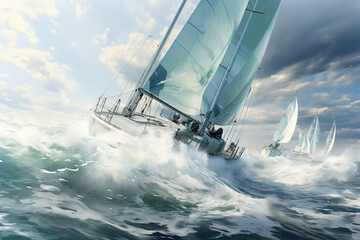 Beautiful sailboats sailing in a team close-up, Racing sail boats, ships race  in the ocean waves, Travel and tourism at sea, AI Generative.
