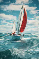 Beautiful red sailboats sailing in a team, Racing sail boats, ships race  in the ocean waves, Travel and tourism at sea, AI Generative.