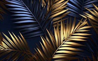 Obraz na płótnie Canvas Shiny glossy golden painted tropical date palm and monstera leaves background. Empty space for text generative ai