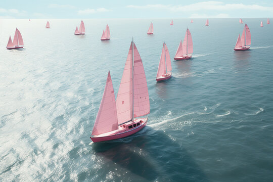 Aerial view Beautiful pink sailboats sailing in a team, Racing sail boats, ships race  in the ocean waves, Travel and tourism at sea, AI Generative.