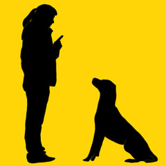 black illustration on a yellow background of a dog that obeys its master