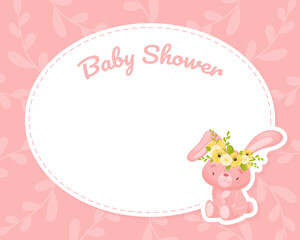 Baby Shower Card with Cartoon Bunny Animal with Floral Wreath on Head Vector Template
