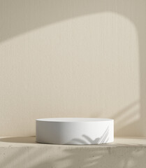 White product display podium with shadow nature leaves on brown background. 3D rendering