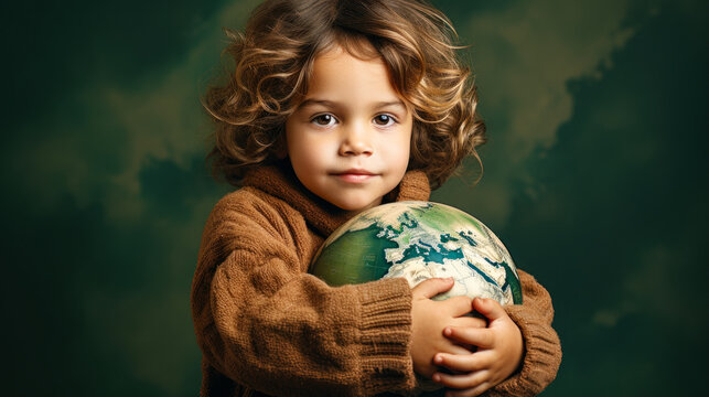 Global Empowerment: Child Girl Lovingly Embracing Earth Model For International Day Of The Girl Child