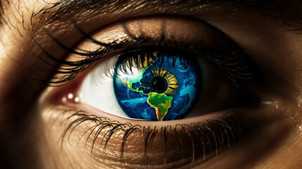 World Map eyeball inside a human eye. close up of human eye with Earth globe. World Sight Day concept banner wallpaper