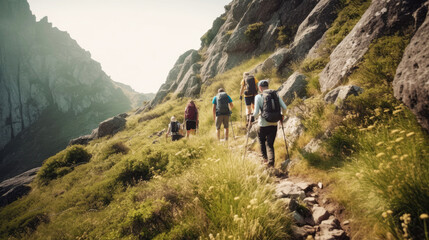 Obraz premium Group of people hiking up a mountain trail in summer
