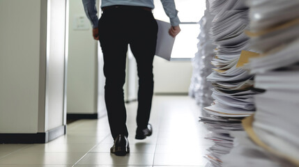 Office worker walking in floor with stacks of paper and documents