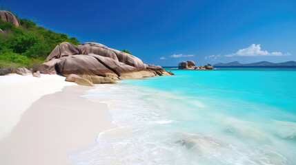 Exotic sand beach with big rocks on tropical island in summer