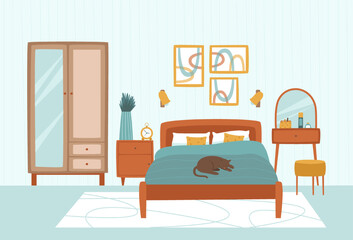 Bedroom with double bed, wardrobe and dressing table. Paintings, flower and carpet decorate the bedroom. The cat is resting on the bed. Flat vector illustration.