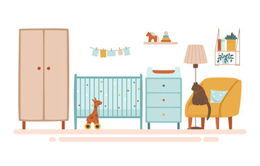Crib and changing table in the nursery. Toys and a garland decorate the children's room. Flat vector illustration.
