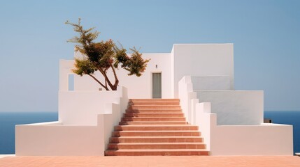 White Stairs on a Mediterranean island, blue skies and clear water