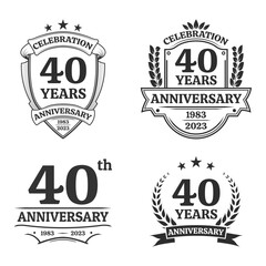 40 years anniversary icon or logo set. Vintage birthday banner design. 40th anniversary jubilee celebration badge or label collection. Vector illustration.