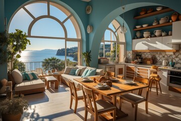 Fototapeta na wymiar A detailed view offers a peek into a luxurious modern villa's grand windows on a Greek island, revealing a stylish living room..