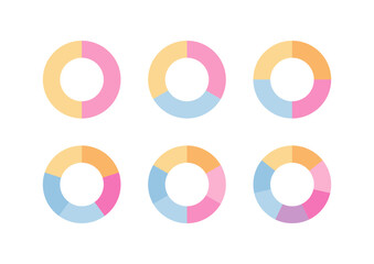 Multicolor ring segments. Circular colored structure chart template. Pie diagram divided into segments. Circle graph. Set schemes with sectors. Piechart with section and slices. Vector illustration