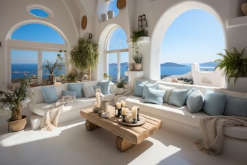 Fototapeta premium A detailed view features a luxurious modern villa's living room in Greece with grand windows and designer furnishings.