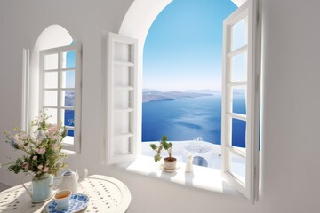 A detailed view features a luxurious modern villa's living room in Greece with grand windows and designer furnishings.