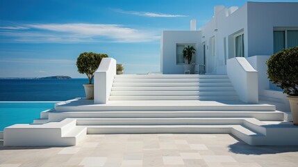 White stairs of a luxurious modern villa in Greece, offering a path to the sea under a blue sky..