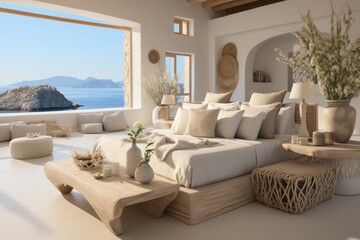 Fototapeta na wymiar Close-up detail offers a glimpse into a luxurious modern villa's grand windows in the Mediterranean, revealing an opulent living room.