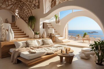 Fototapeta na wymiar Close-up detail offers a glimpse into a luxurious modern villa's grand windows in the Mediterranean, revealing an opulent living room.