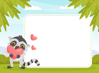 Empty Note Card with Cute Lemur Funny Exotic Animal Vector Template