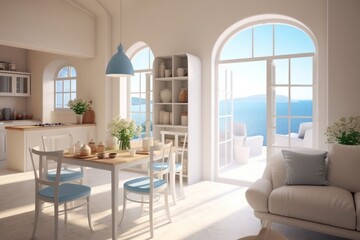 Fototapeta na wymiar a luxurious modern villa's grand windows on a Greek island, revealing a stylish living room.