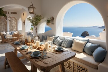 Fototapeta na wymiar a luxurious modern villa's grand windows on a Greek island, revealing a stylish living room.