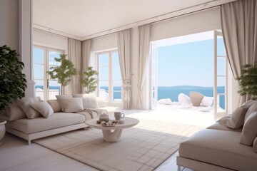 A wide view provides a look into a luxurious modern villa's grand windows in Greece, revealing a plush living room.