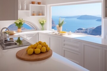 A wide view provides a look into a luxurious modern villa's grand windows in Greece, revealing a plush living room.