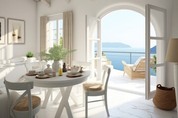 Close-up detail highlights a luxurious modern villa's living room in the Mediterranean with grand windows and elegant furnishings.