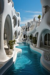 Exterior design of a Greek villa, featuring white stairs, sea views, and clear water under a clear blue sky.....