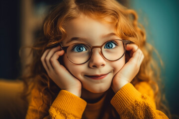 portrait of curly cheerful little girl in eyeglasses. generative AI