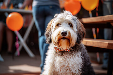 Portrait of a Bearded collie dog with orange balloons. selective focus. 