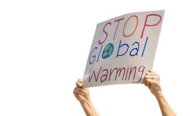 Hand of volunteer activist holding stop global warming sign during the protest against pollution and climate change to reduce carbon footprint isolated on transparent background