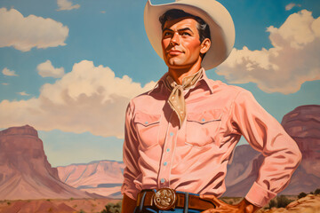 cowboy wearing pink western shirt with desert rocky vista vintage americana painting made with generative ai - obrazy, fototapety, plakaty