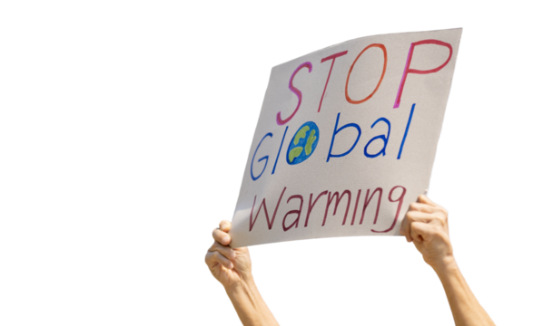 Hand of volunteer activist holding stop global warming sign during the protest against pollution and climate change to reduce carbon footprint isolated on transparent background - Powered by Adobe