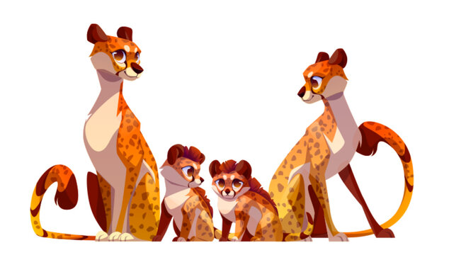 Cheetah cat family isolated vector illustration. Africa animal leopard adorable baby with adult mother and father cartoon. Exotic character game asset clipart with long tail and smile. Cub near mom