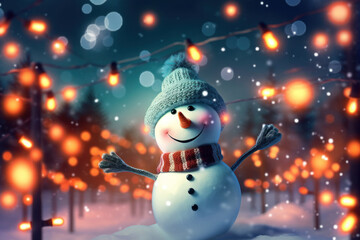 Snow man on night festival abstract background. Christmas theme. Generative ai.