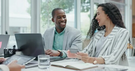 Celebration, laptop and business people with credit card in office for payment, purchase and online banking. Corporate, teamwork and man and woman high five on computer for finance budget and saving