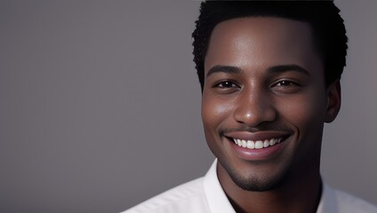 Portrait beautiful black skin young man with white teeth smile, healthy long hair and beauty skin on grey background. Generative AI