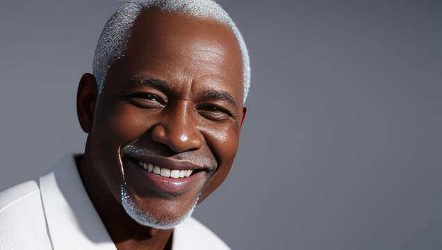 Portrait Beautiful Black Skin Model Old Man With White Teeth Smile On Grey Background. Generative AI