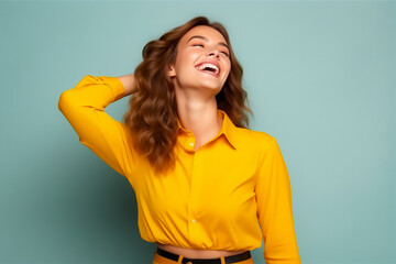 Obraz premium Enthusiastic Girl Bright Portrait. Vibrant Colors, Dynamic Pose, Emotionally Cheerful Smile, Aesthetic Trending Style in Studio Backdrop. Perfect for Positive, Trendy Design. Generative AI.