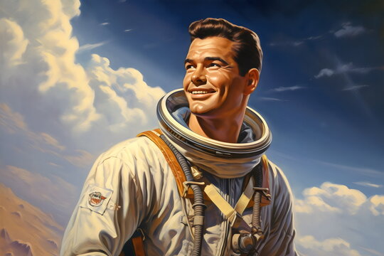handsome smiling astronaut in white spacesuit retro futurism vintage sci-fi painting made with generative ai
