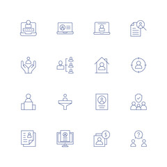 User line icon set on transparent background with editable stroke. Containing login, laptop, job search, humanitarian, human, house, headhunting, first, filter, file, family, cv, customer.