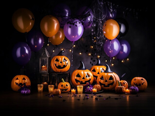 Trick or treat party and Pumpkin Jack-O-Lantern surrounded by halloween decor