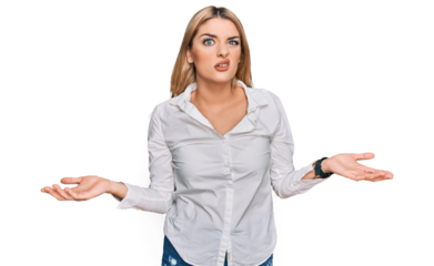 Young caucasian woman wearing casual clothes clueless and confused with open arms, no idea concept.