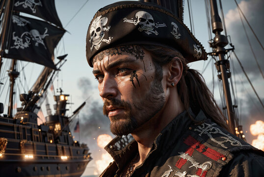 close up of one eye blind pirate man with beard some tattoo wearing black hat with skulls and black red west, some battle ships firing guns in background, generative AI