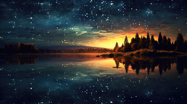 Beautiful picture at night by the lake, starry sky, HD, Background Wallpaper, Desktop Wallpaper